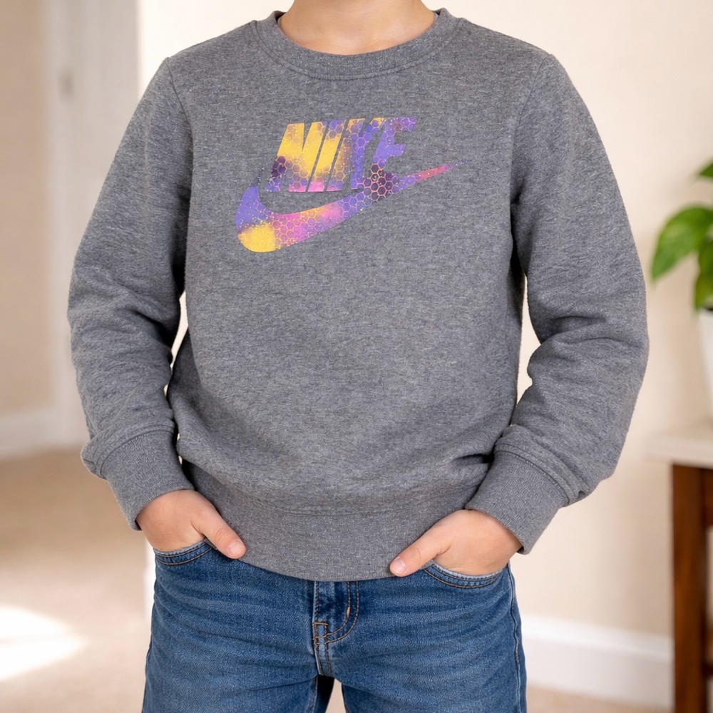 Nike Kids Gray Sweatshirt with Purple and Yellow Logo